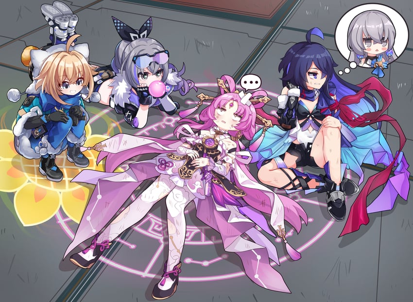 silver wolf, fu xuan, bronya rand, seele, and lynx landau (honkai and 1 more) drawn by xtacy