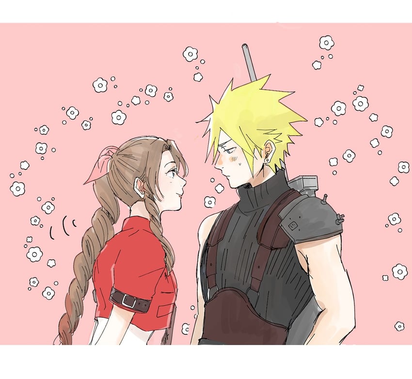 cloud strife and aerith gainsborough (final fantasy and 2 more) drawn by nmyuo