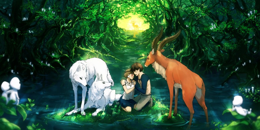 san, ashitaka, kodama, moro no ichizoku, yakul, and 1 more (mononoke hime) drawn by yuumei