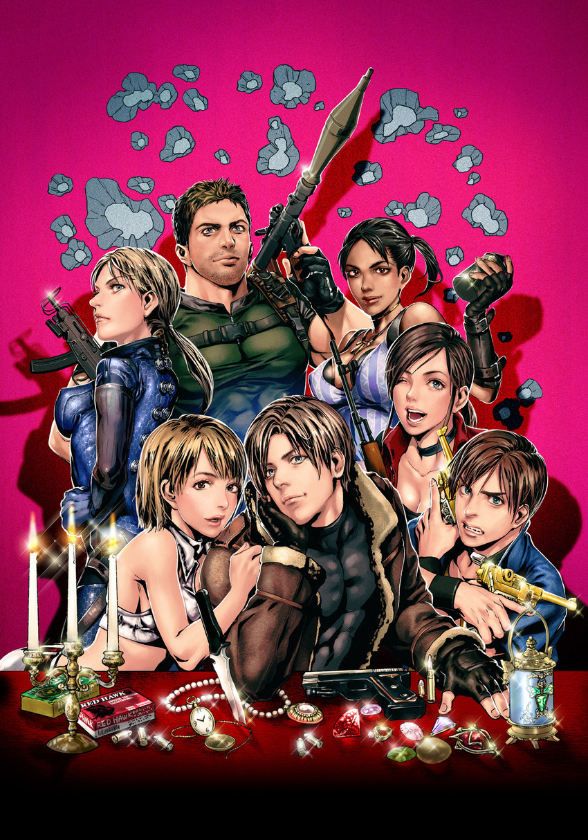 leon s. kennedy, jill valentine, chris redfield, ashley graham, claire redfield, and 2 more (resident evil and 3 more) drawn by katou_teppei