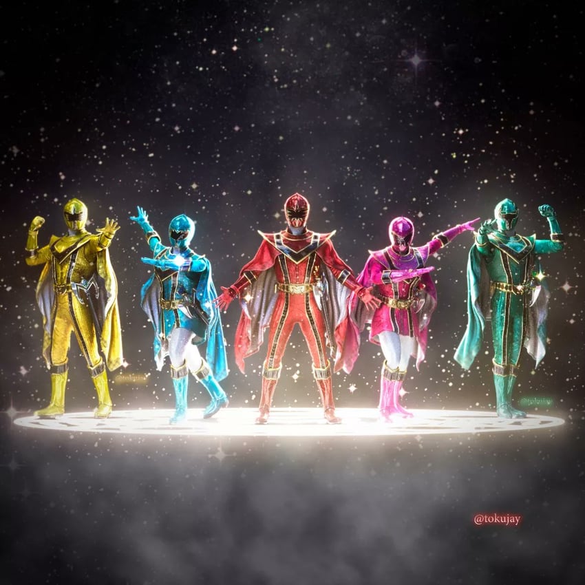 magired, magigreen, magipink, magiblue, red mystic ranger, and 5 more (super sentai and 3 more) drawn by tokujay