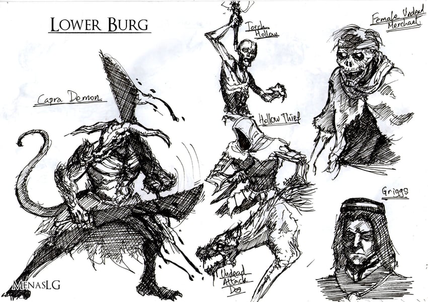 capra demon, hollow, undead merchant, undead attack dog, and griggs of vinheim (dark souls and 1 more) drawn by menaslg