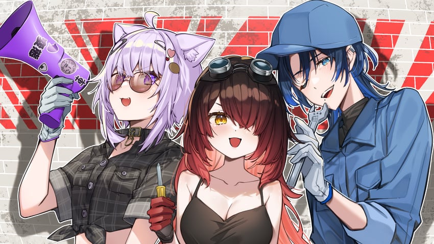 nekomata okayu, roboco-san, and hiodoshi ao (hololive and 2 more) drawn by nonomaro