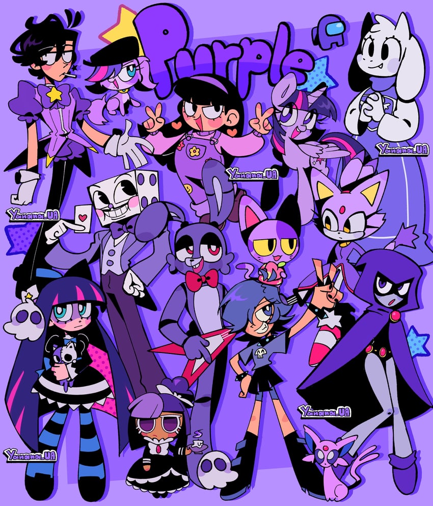 stocking, espeon, blaze the cat, raven, twilight sparkle, and 11 more (pokemon and 17 more) drawn by yanana_ua