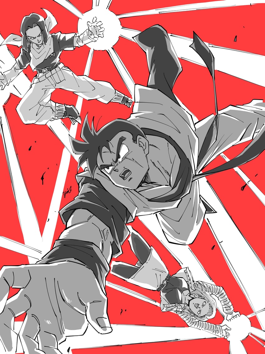 android 18, son gohan, and android 17 (dragon ball and 1 more) drawn by yui_fightpaint
