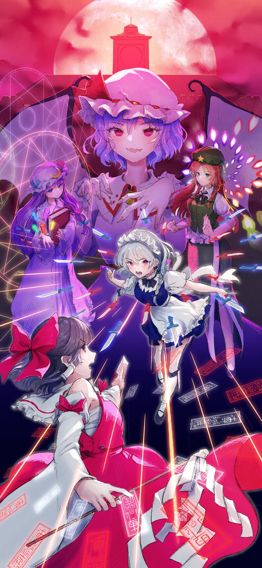 hakurei reimu, remilia scarlet, flandre scarlet, izayoi sakuya, patchouli knowledge, and 1 more (touhou and 1 more) drawn by demekko-222
