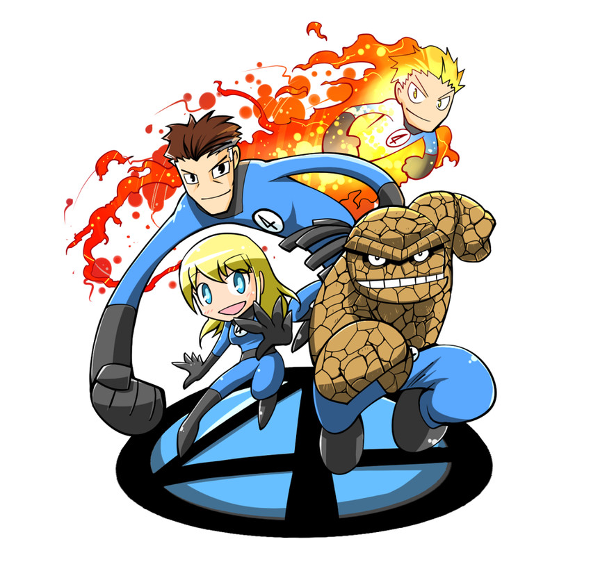 sue storm, reed richards, johnny storm, ben grimm, and human torch (marvel and 1 more) drawn by rariatto_(ganguri)