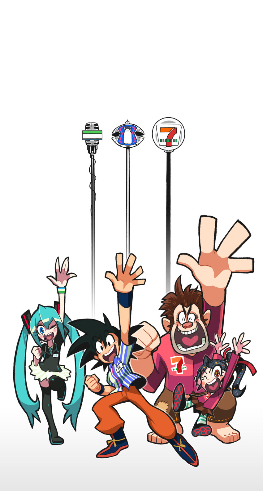 hatsune miku, son goku, vanellope von schweetz, and wreck-it ralph (vocaloid and 4 more) drawn by gashi-gashi