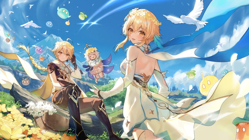 lumine, aether, paimon, and slime (genshin impact) drawn by necomi