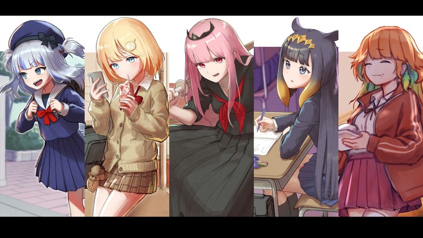 gawr gura, mori calliope, ninomae ina'nis, takanashi kiara, and watson amelia (hololive and 1 more) drawn by arimoto_wataru