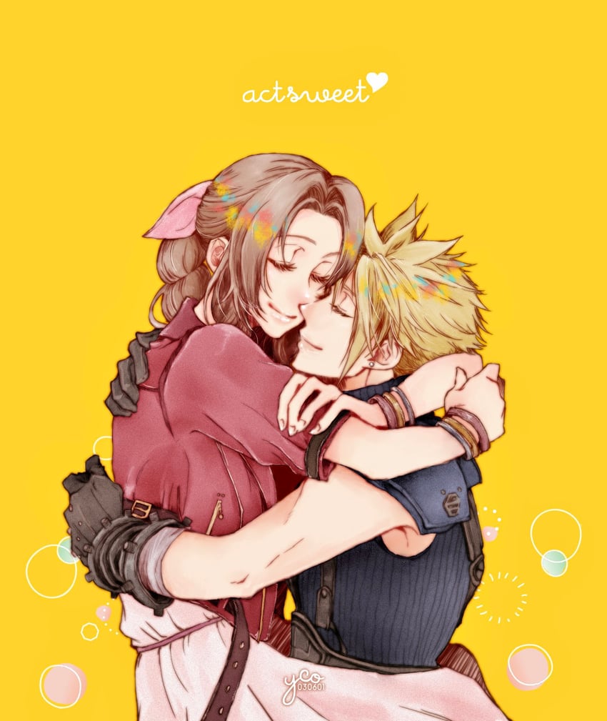 cloud strife and aerith gainsborough (final fantasy and 2 more) drawn by yco_030601