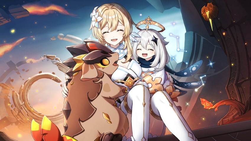 lumine, paimon, tepetlisaurus, and little one (genshin impact) drawn by su34ma