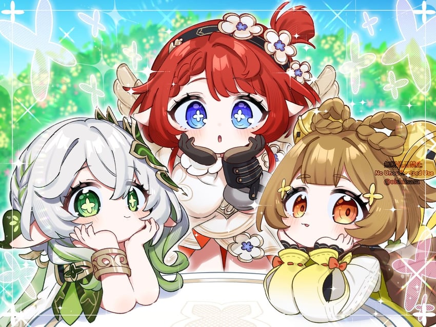 nahida, yaoyao, and tribbie (genshin impact and 3 more) drawn by oishii_sasa