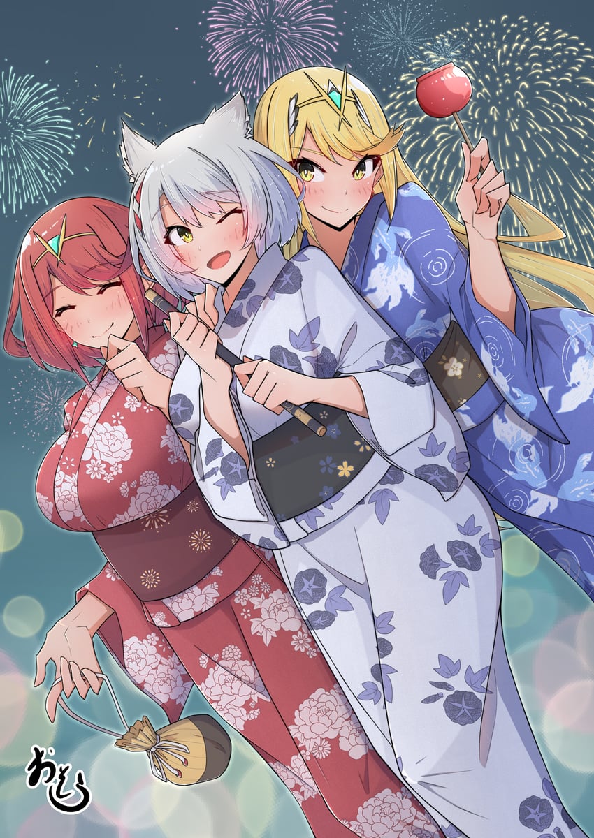 pyra, mythra, and mio (xenoblade chronicles and 2 more) drawn by osora_(judithandlilith)