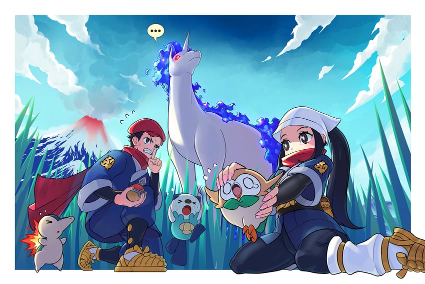 akari, rowlet, oshawott, cyndaquil, rei, and 1 more (pokemon and 1 more) drawn by poppinmonkey