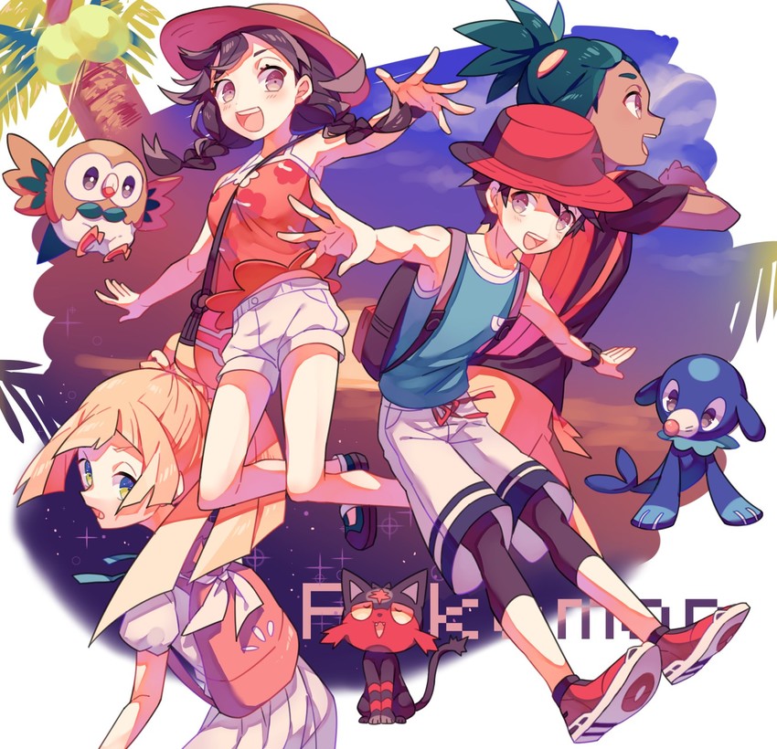 lillie, selene, rowlet, elio, popplio, and 2 more (pokemon and 1 more) drawn by nagatsukiariake