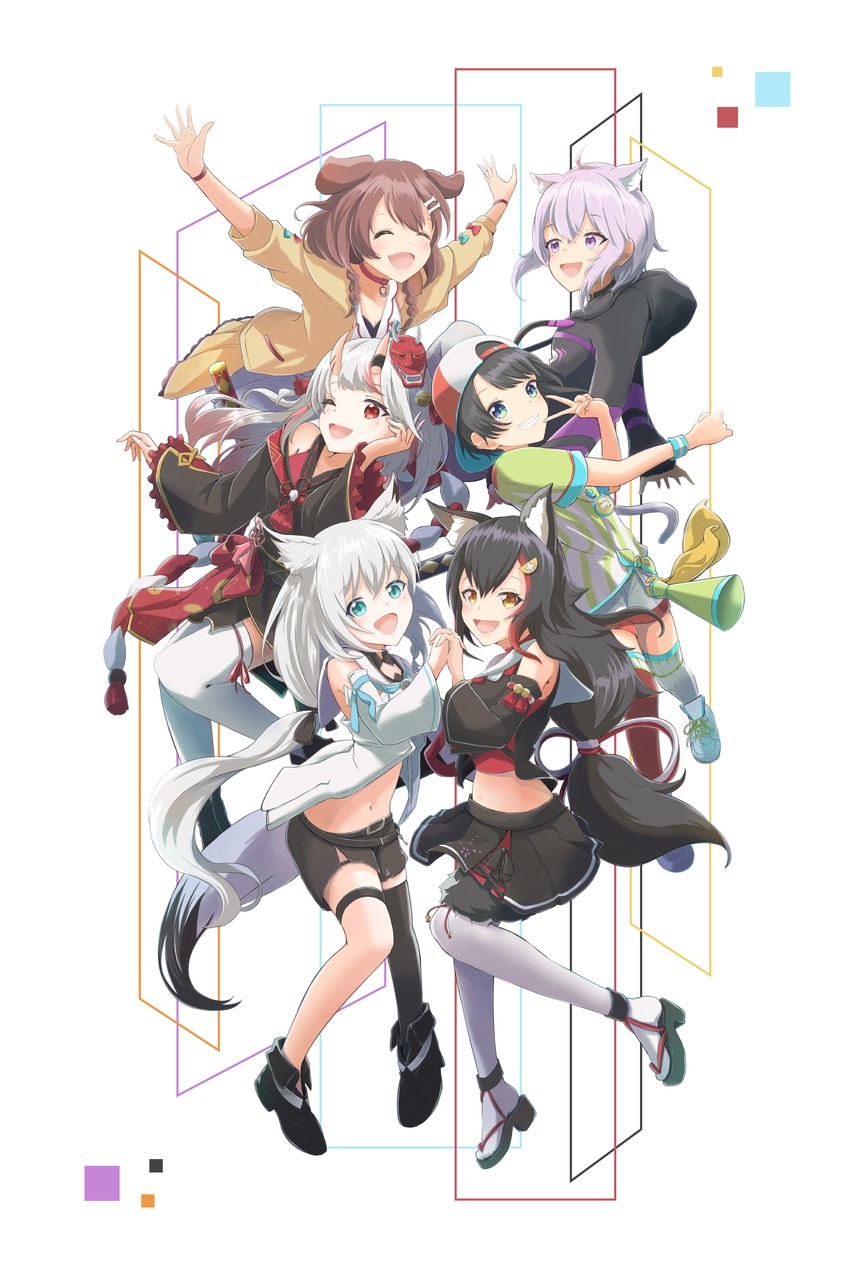 shirakami fubuki, nekomata okayu, ookami mio, oozora subaru, inugami korone, and 1 more (hololive) drawn by hilamaru