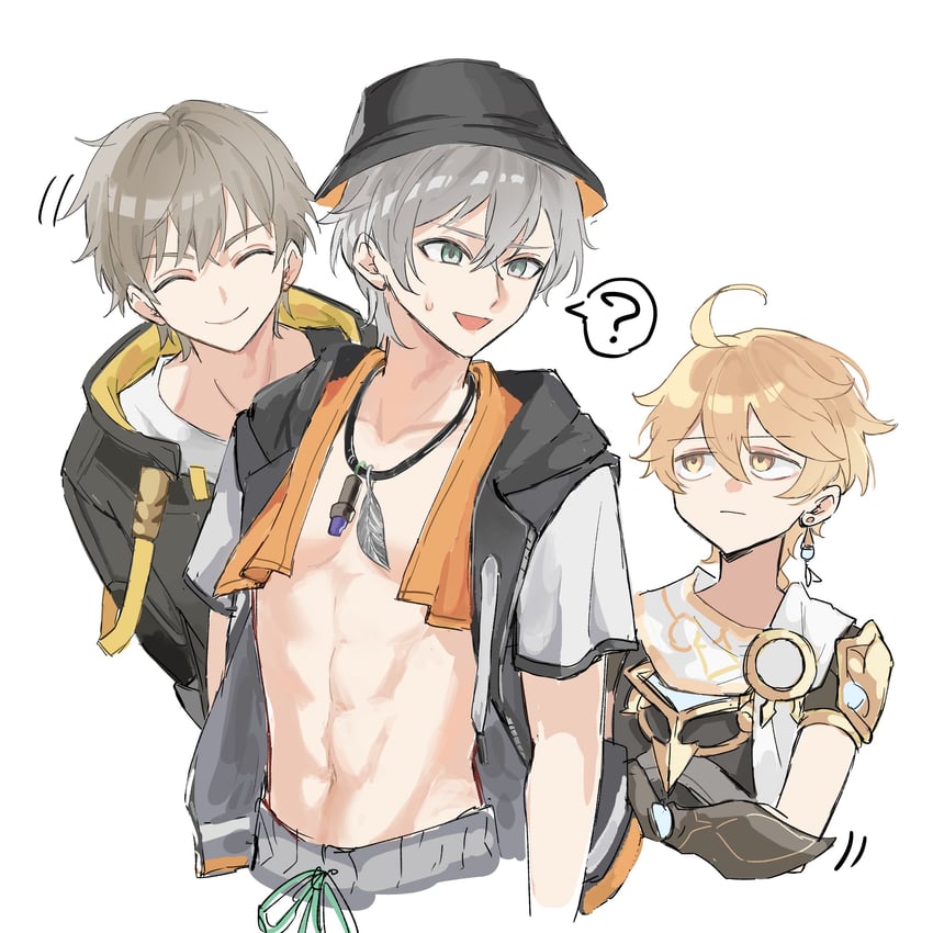 trailblazer, aether, caelus, and wise (genshin impact and 4 more) drawn by nihon_no_hentai