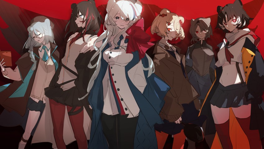 rosa, zima, gummy, istina, absinthe, and 1 more (arknights) drawn by aonogura