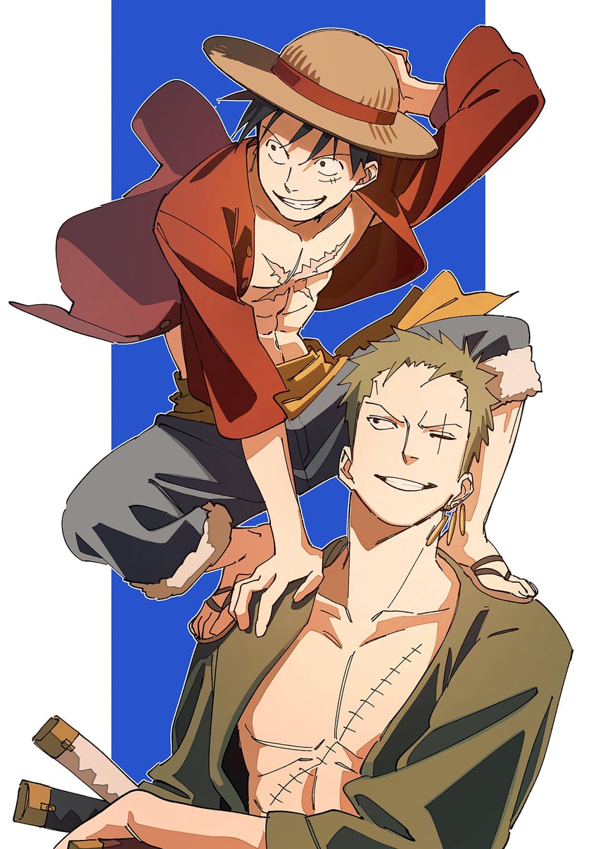 monkey d. luffy and roronoa zoro (one piece) drawn by pnpk_1013