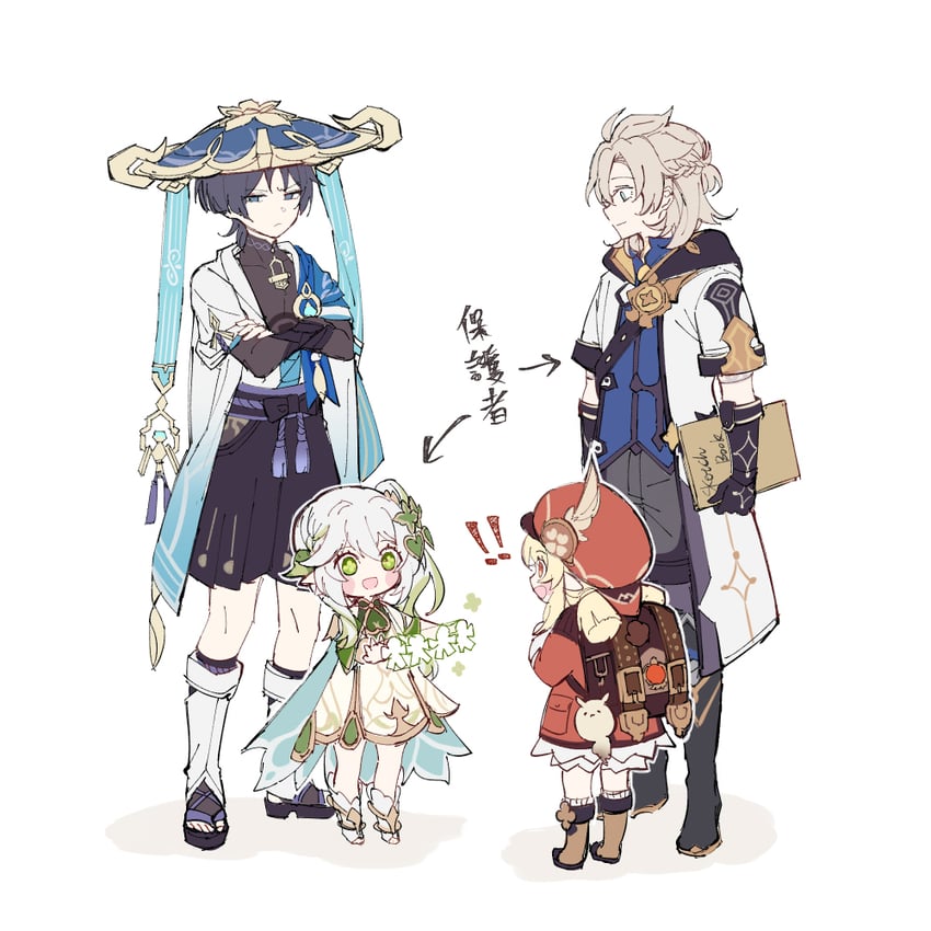scaramouche, nahida, wanderer, klee, and albedo (genshin impact) drawn by tirlleneill