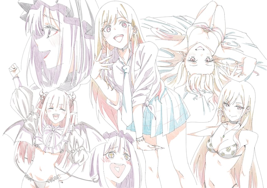 kitagawa marin, rizu-kyun, and kuroe shizuku (sono bisque doll wa koi wo suru) drawn by sakuya_(saqu09307728)