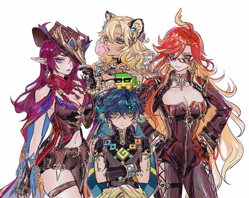 mavuika, kinich, xilonen, ajaw, and chasca (genshin impact) drawn by 756zl