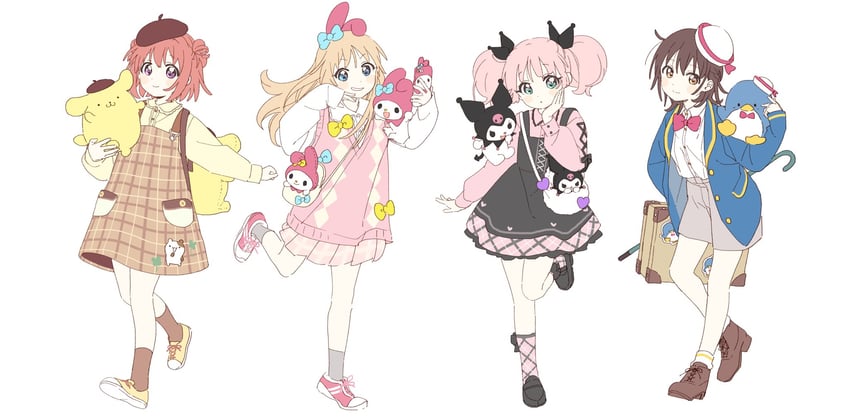 my melody, kuromi, pompompurin, tuxedo sam, and muffin (yuruyuri and 2 more) drawn by namori