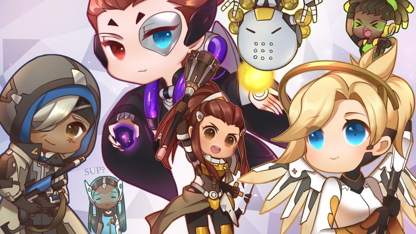 mercy, ana, brigitte, symmetra, lucio, and 2 more (overwatch and 1 more) drawn by kaoruru_(sakuno2911)