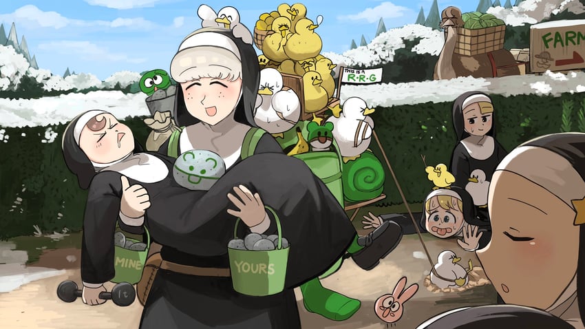 clumsy nun, froggy nun, spicy nun, sheep nun, star nun, and 1 more (little nuns) drawn by diva_(hyxpk)