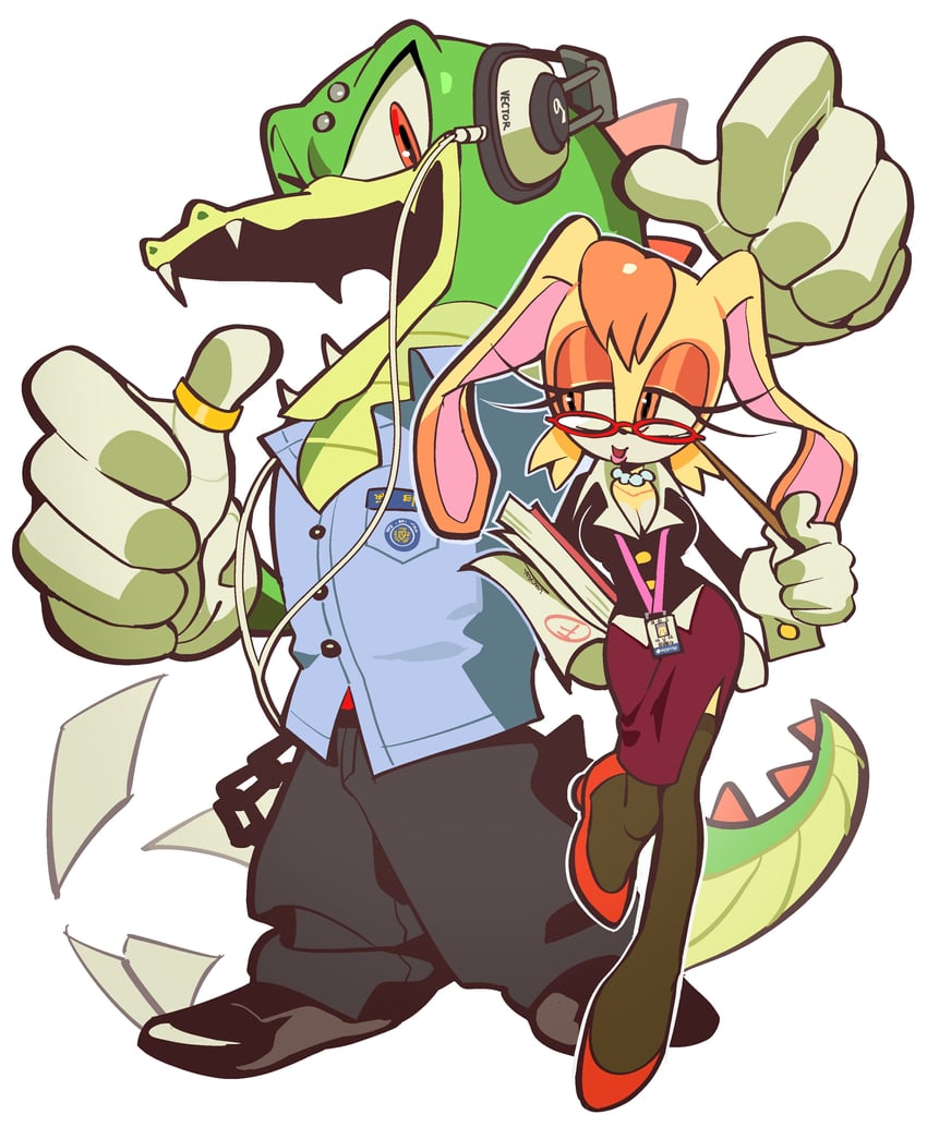 vanilla the rabbit and vector the crocodile (sonic) drawn by kosherea