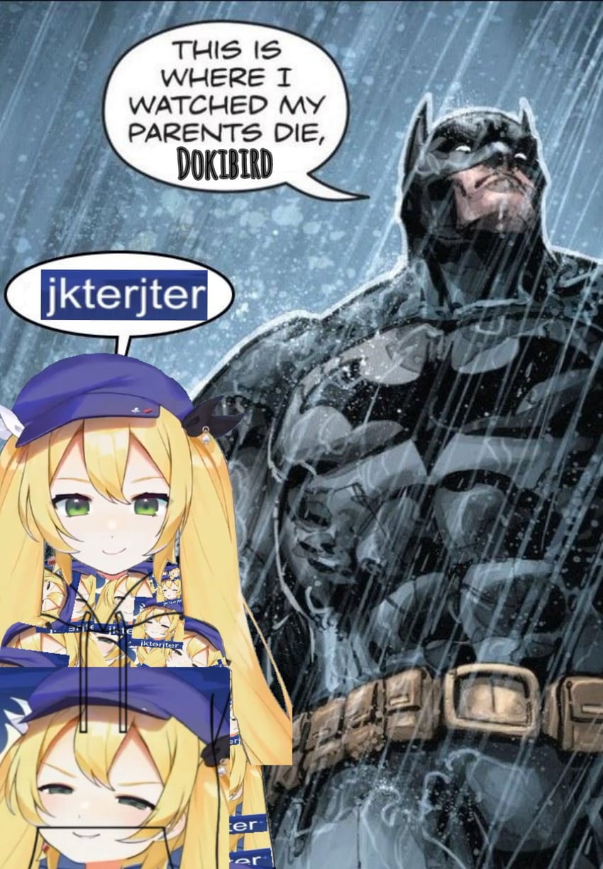 dokibird and batman (indie virtual youtuber and 3 more) drawn by freddie_williams_ii