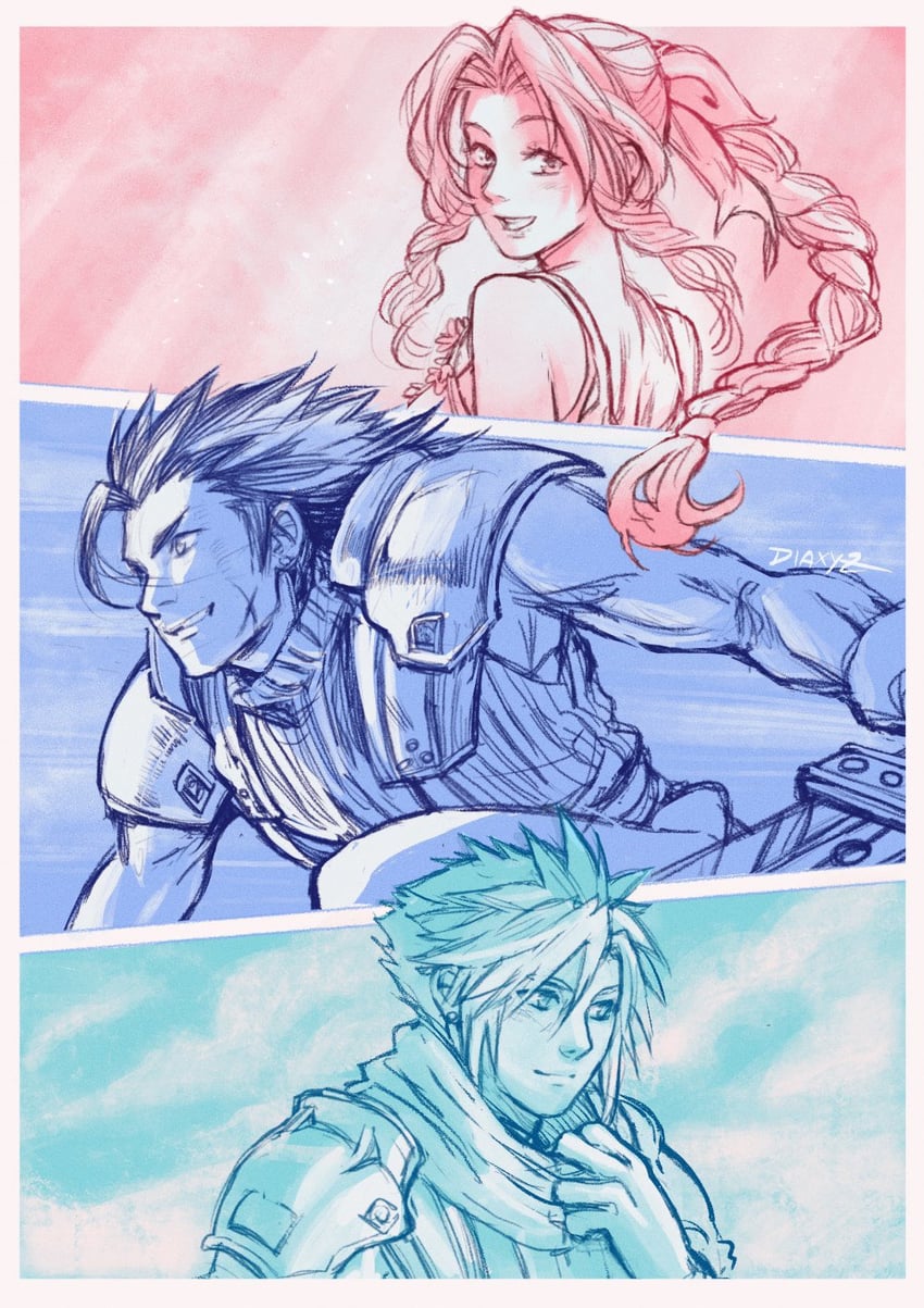 cloud strife, aerith gainsborough, and zack fair (final fantasy and 2 more) drawn by diana_mercolini