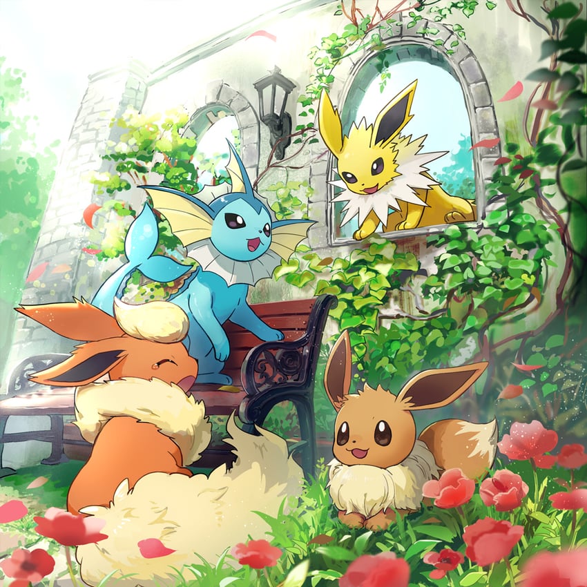 eevee, vaporeon, flareon, and jolteon (pokemon and 1 more) drawn by nao_(naaa_195)