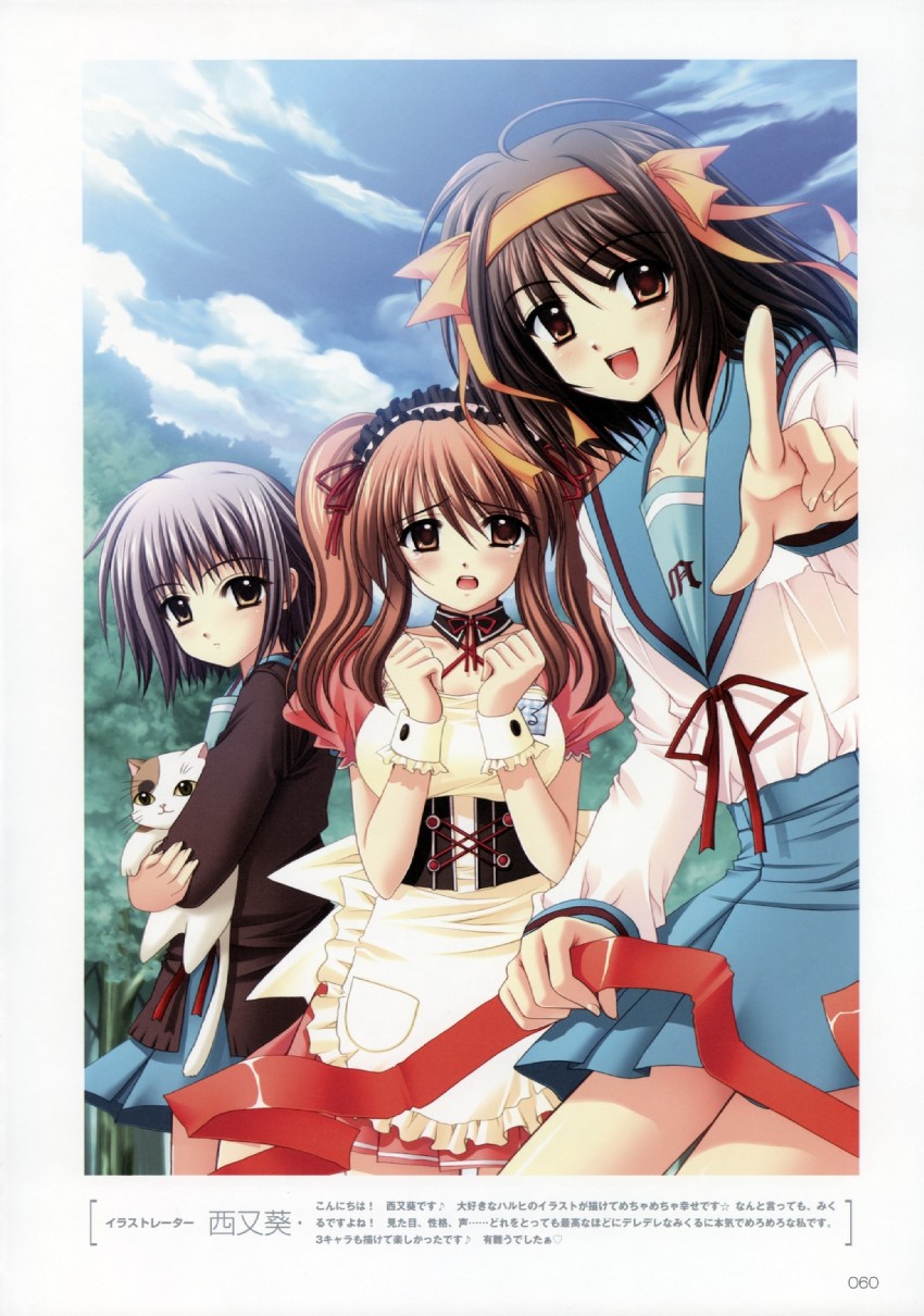 suzumiya haruhi, nagato yuki, and asahina mikuru (suzumiya haruhi no yuuutsu) drawn by nishimata_aoi