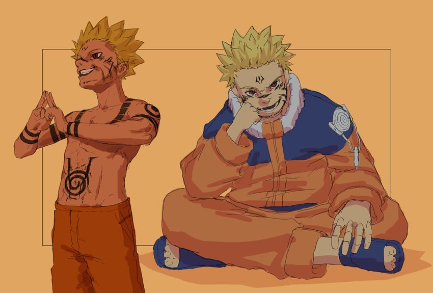 uzumaki naruto and ryoumen sukuna (jujutsu kaisen and 1 more) drawn by dochie