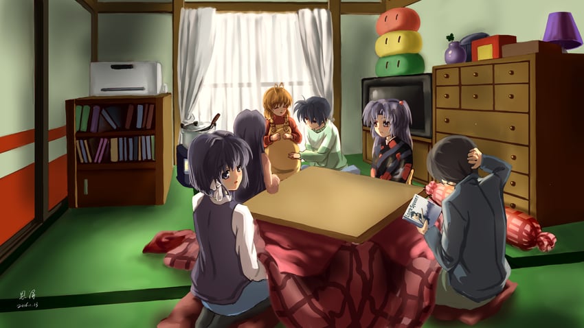 furukawa nagisa, fujibayashi kyou, okazaki tomoya, ichinose kotomi, fujibayashi ryou, and 1 more (clannad and 1 more) drawn by xiaobanbei_milk