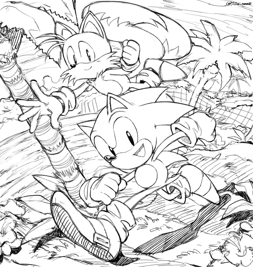 sonic the hedgehog, tails, classic sonic, and classic tails (sonic and 1 more) drawn by show_chiku-by