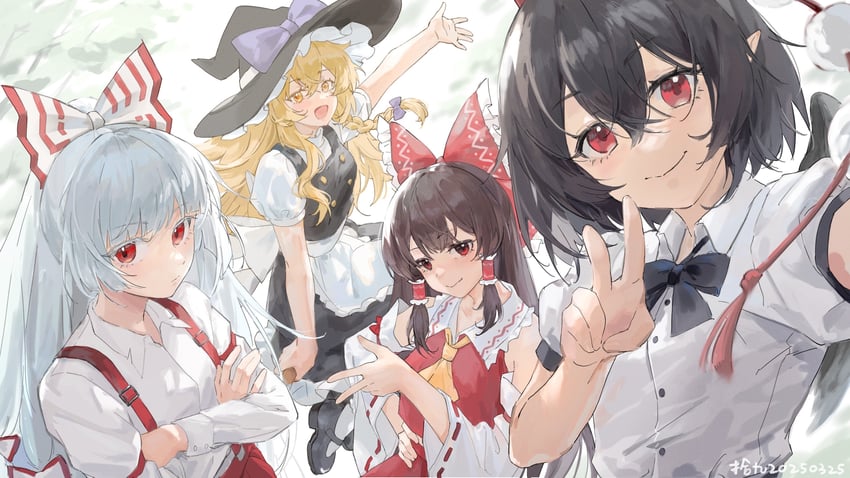 hakurei reimu, kirisame marisa, shameimaru aya, and fujiwara no mokou (touhou) drawn by shijiu_(shizuoxing)