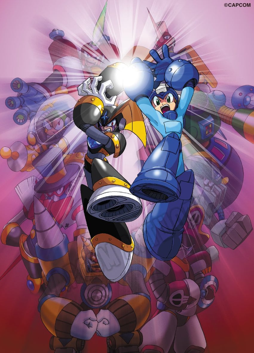 mega man, bass, tengu man, astro man, burner man, and 5 more (mega man and 1 more) drawn by ariga_hitoshi