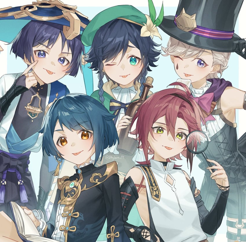 scaramouche, wanderer, venti, xingqiu, lyney, and 1 more (genshin impact) drawn by ethylene_ty