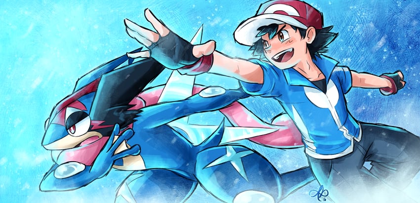 ash ketchum, greninja, and ash-greninja (pokemon and 1 more) drawn by ariapianissima