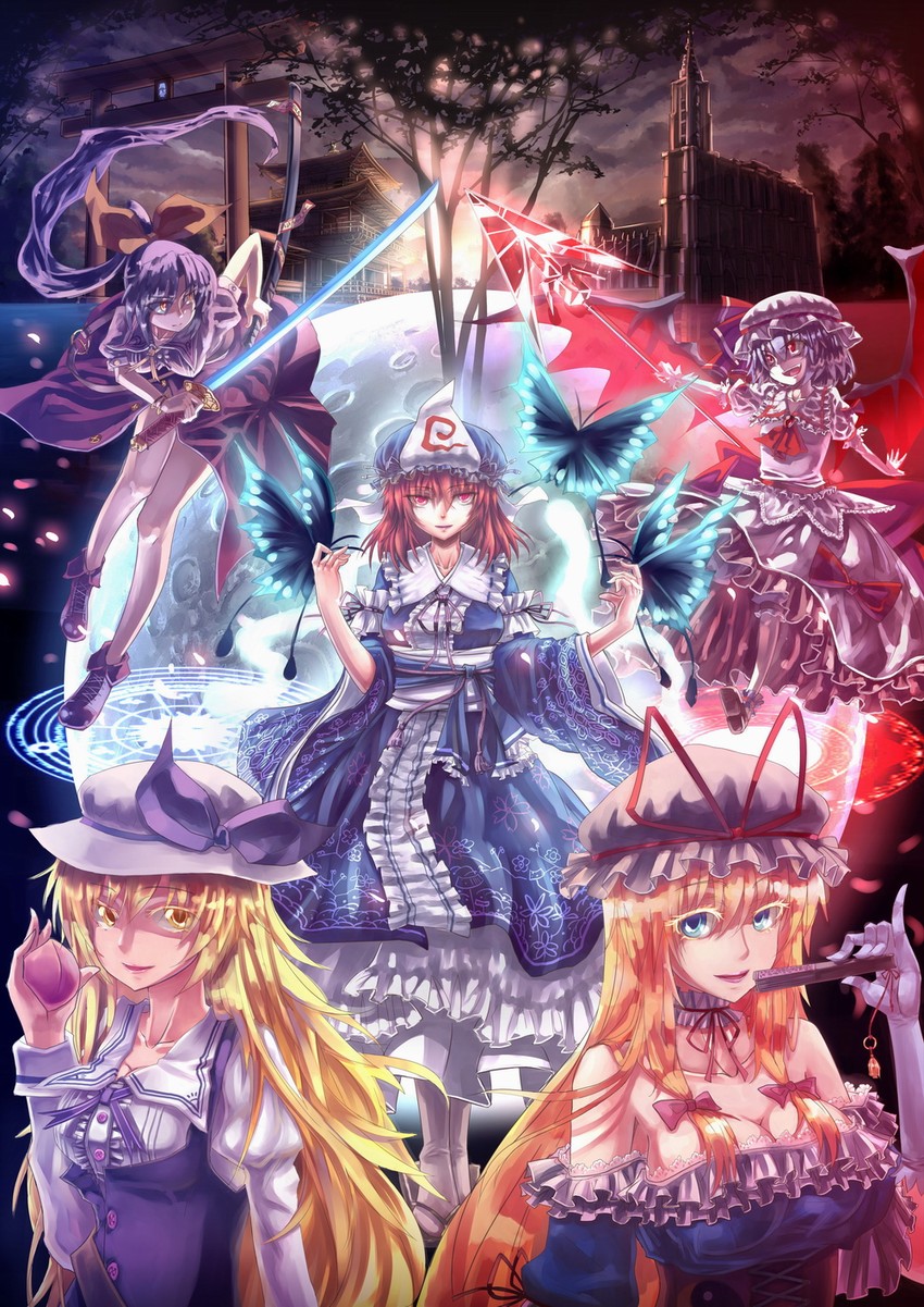 remilia scarlet, yakumo yukari, saigyouji yuyuko, watatsuki no yorihime, and watatsuki no toyohime (touhou and 2 more) drawn by siqi_(miharuu)