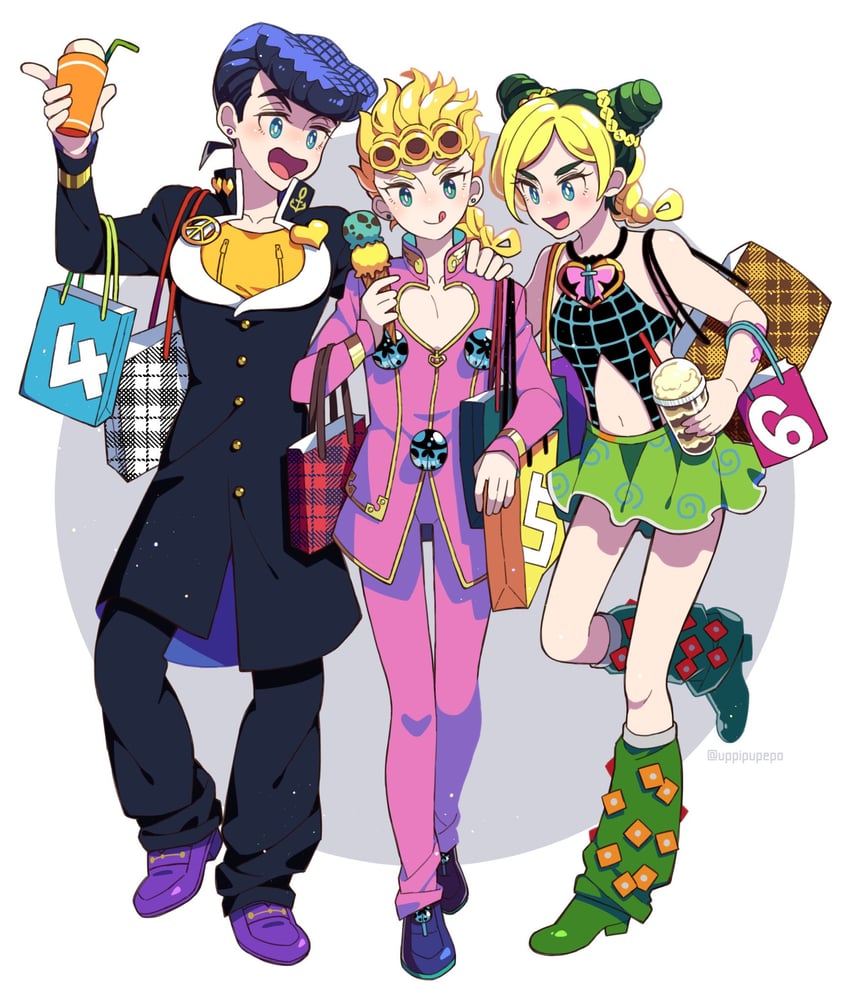 kujo jolyne, giorno giovanna, and higashikata josuke (jojo no kimyou na bouken and 3 more) drawn by uppi