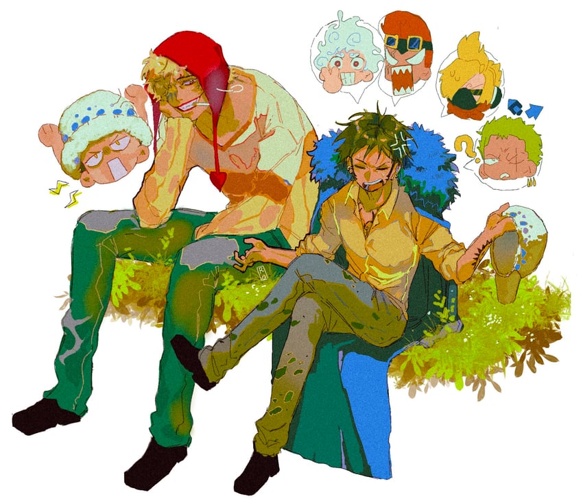 monkey d. luffy, roronoa zoro, sanji, trafalgar law, donquixote rocinante, and 1 more (one piece) drawn by inertraccoon