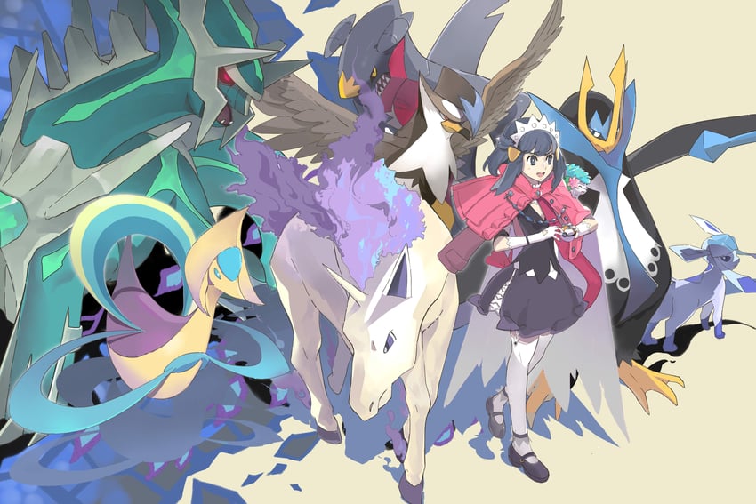dawn, glaceon, garchomp, shaymin, dialga, and 4 more (pokemon and 1 more) drawn by hiro_(user_negm3832)