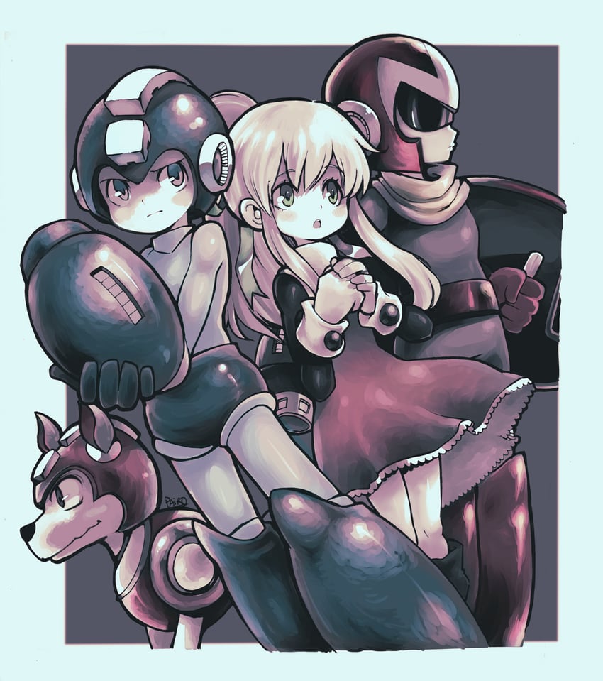 roll, mega man, proto man, and rush (mega man) drawn by parororo