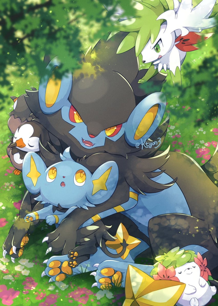 shaymin, shinx, luxray, and starly (pokemon) drawn by kechon-san