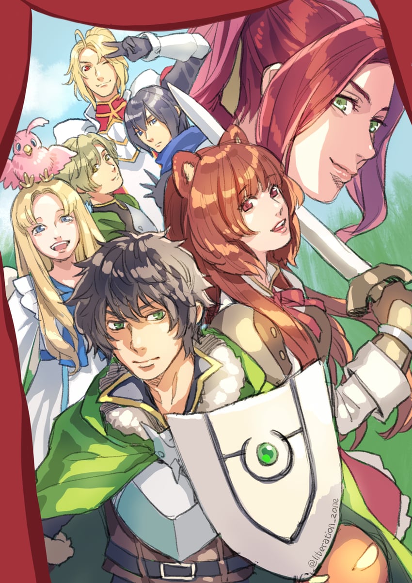 raphtalia, iwatani naofumi, malty s melromarc, kitamura motoyasu, filo, and 2 more (tate no yuusha no nariagari) drawn by minami_seira