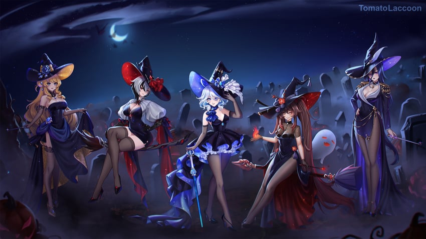 hu tao, furina, boo tao, arlecchino, clorinde, and 1 more (genshin impact) drawn by tomatolaccoon